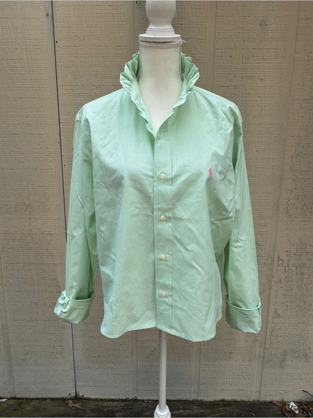 Ralph Lauren Refashioned Mint Green Check Ruffled Collar Crop Button-Down Shirt